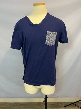 Express V-Neck Pocket T-Shirt Men’s L Navy Blue Floral Print Chest Pocket Short